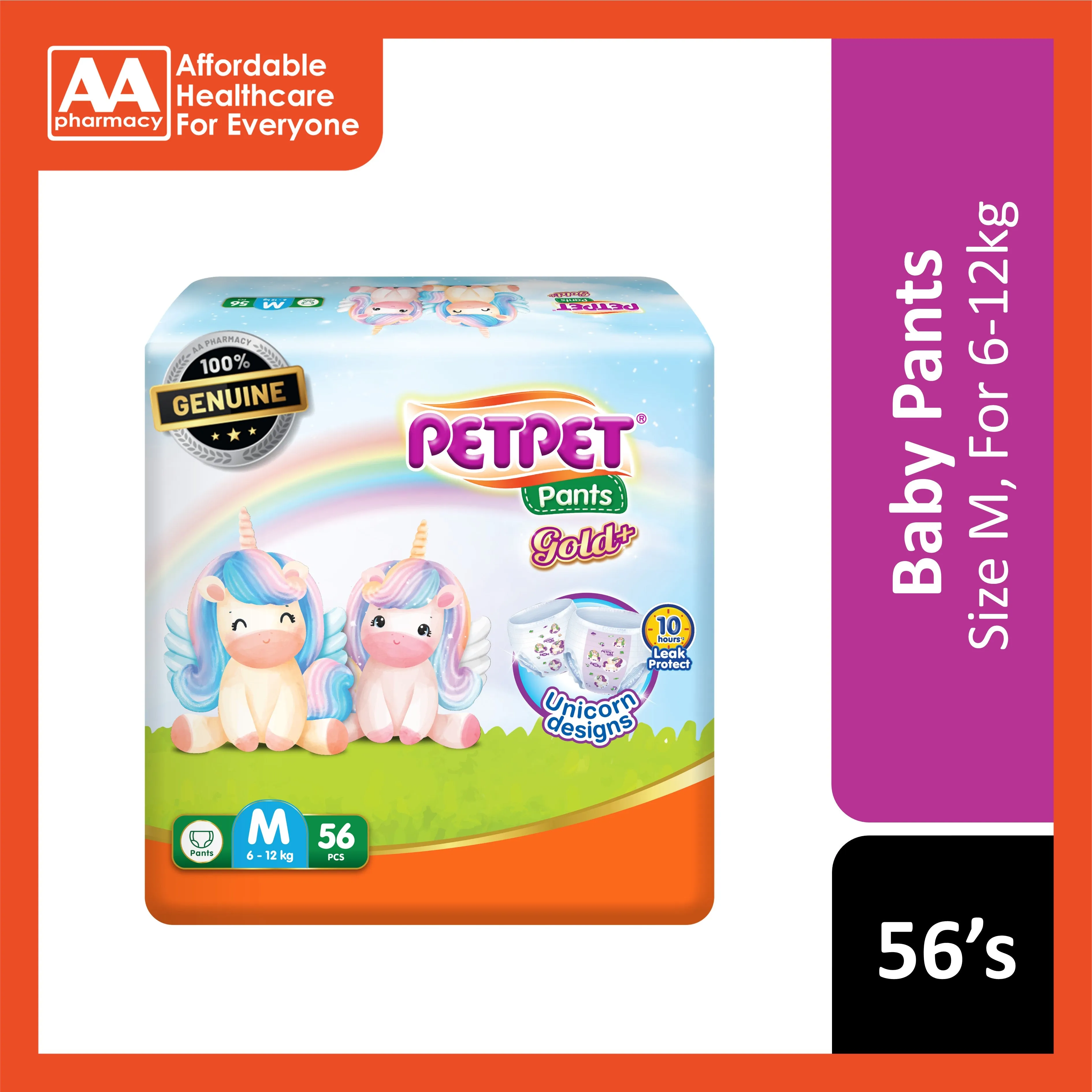 PetPet Baby Pants Gold  (Unicorn Designs) Size M 56's (For 6-12kg)