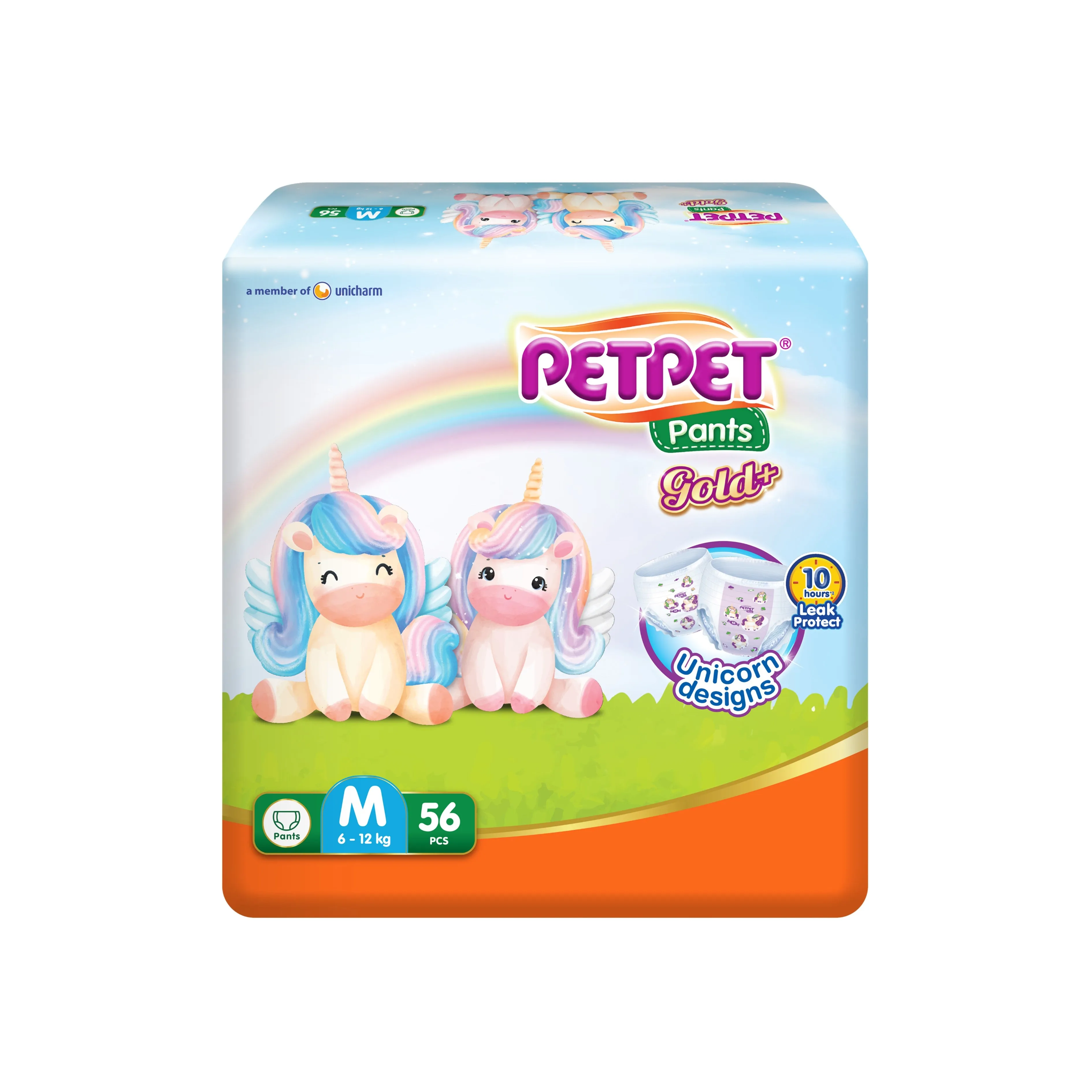 PetPet Baby Pants Gold  (Unicorn Designs) Size M 56's (For 6-12kg)