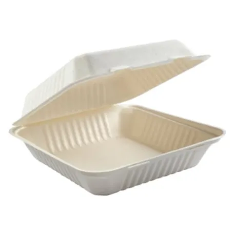 (PFAS FREE) 8"x8"x3" ECO BIODEGRADABLE COMPOSTABLE BAGASSE 1 COMPARTMENT HINGED CONTAINERS 200CT