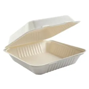 (PFAS FREE) 8"x8"x3" ECO BIODEGRADABLE COMPOSTABLE BAGASSE 1 COMPARTMENT HINGED CONTAINERS 200CT