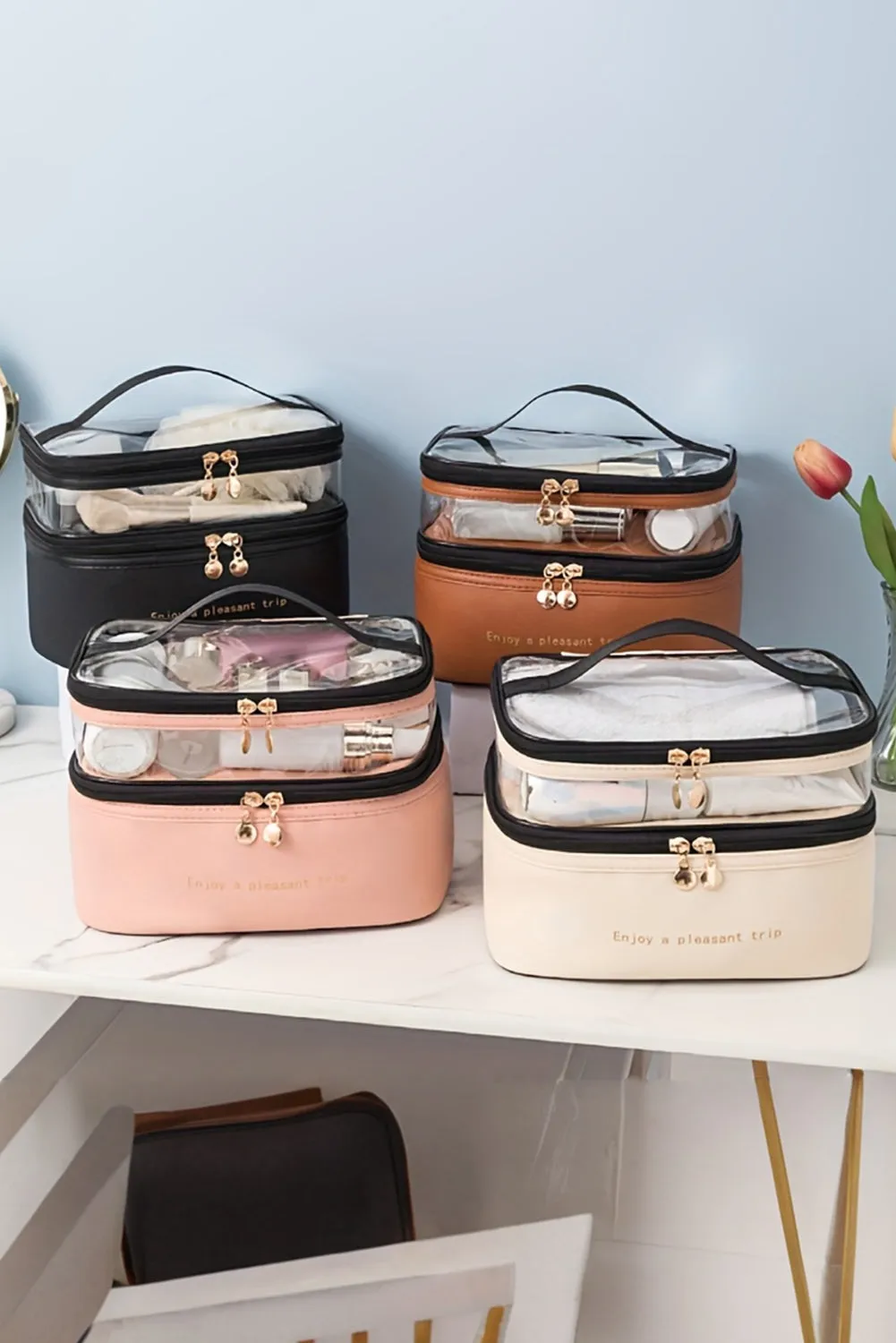 Pink Waterproof PVC Double-layer Cosmetic Bag