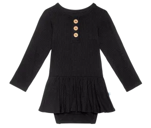 Posh Peanut Solid Ribbed Black L/S Henley Twirl Skirt Bodysuit