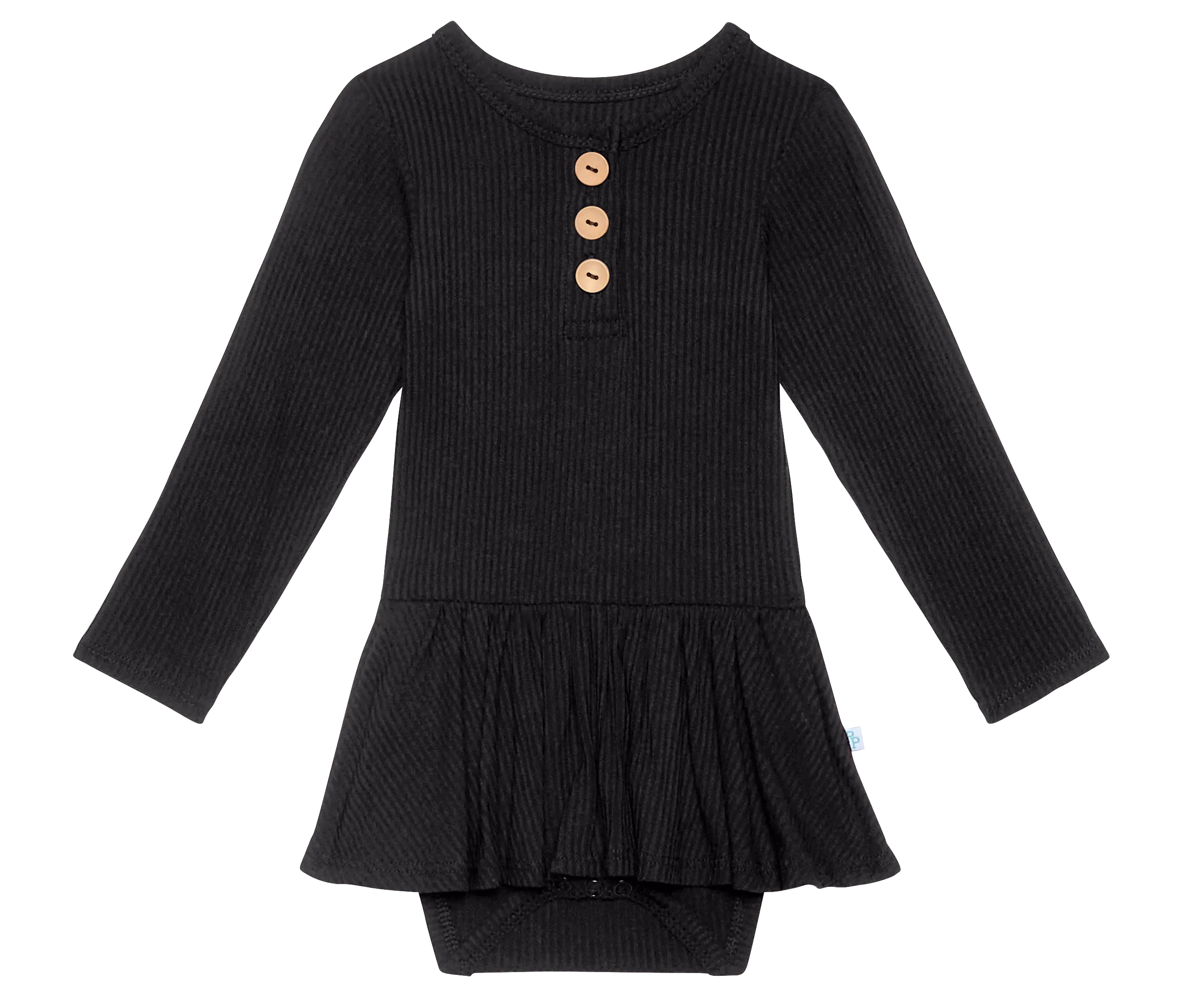 Posh Peanut Solid Ribbed Black L/S Henley Twirl Skirt Bodysuit