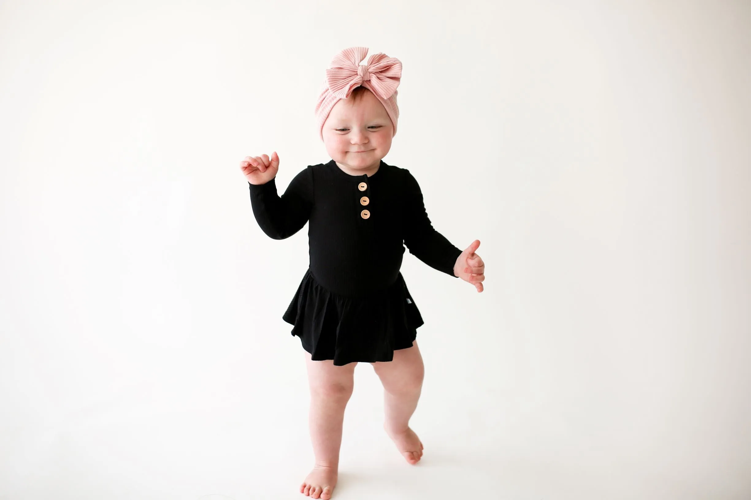 Posh Peanut Solid Ribbed Black L/S Henley Twirl Skirt Bodysuit