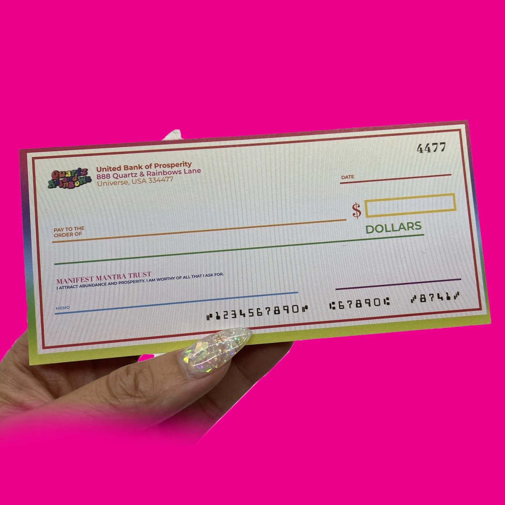 Quartz & Rainbows Manifestation Faux Checkbook