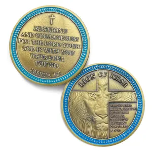 Rare Lion of Judah Challenge Coin - Joshua 1 9 Be Strong and Courageous Prayer Coin - Art Pocket Bible Verses Christian Coins - Good Luck Religious Gifts for Men Women