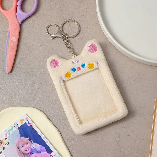Realaiot Korea Cute Bear Rabbit Plush Photocard Holder Kawaii Kpop Idol Photo Sleeve Case ID Card Cover With Keychain Bag Pendant Decor