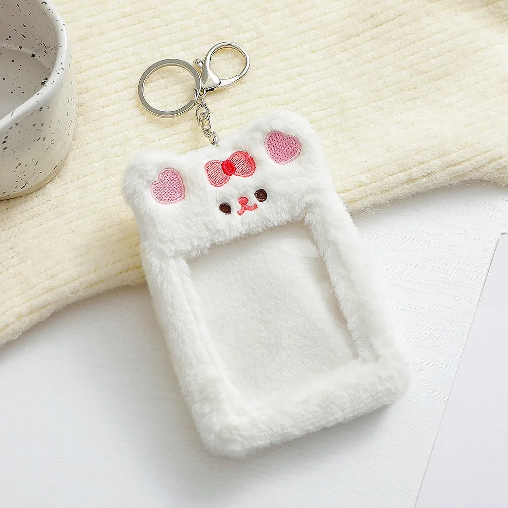 Realaiot Korea Cute Bear Rabbit Plush Photocard Holder Kawaii Kpop Idol Photo Sleeve Case ID Card Cover With Keychain Bag Pendant Decor