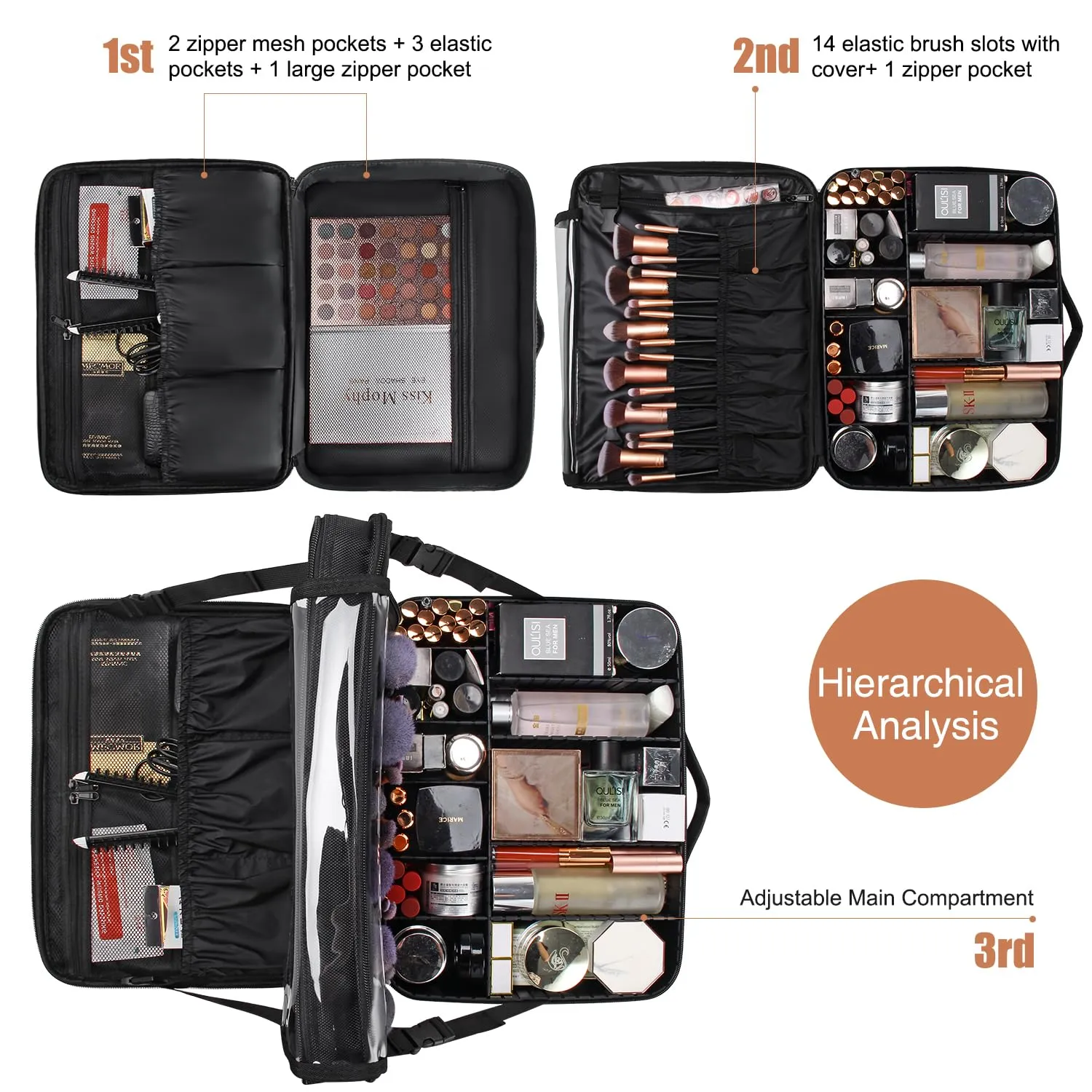 Relavel Makeup Case Extra Large Makeup Bag for Women Travel Makeup Artist Box Nail Polish Cosmetic Brush Storage Organizer with Adjustable Plastic Dividers Black