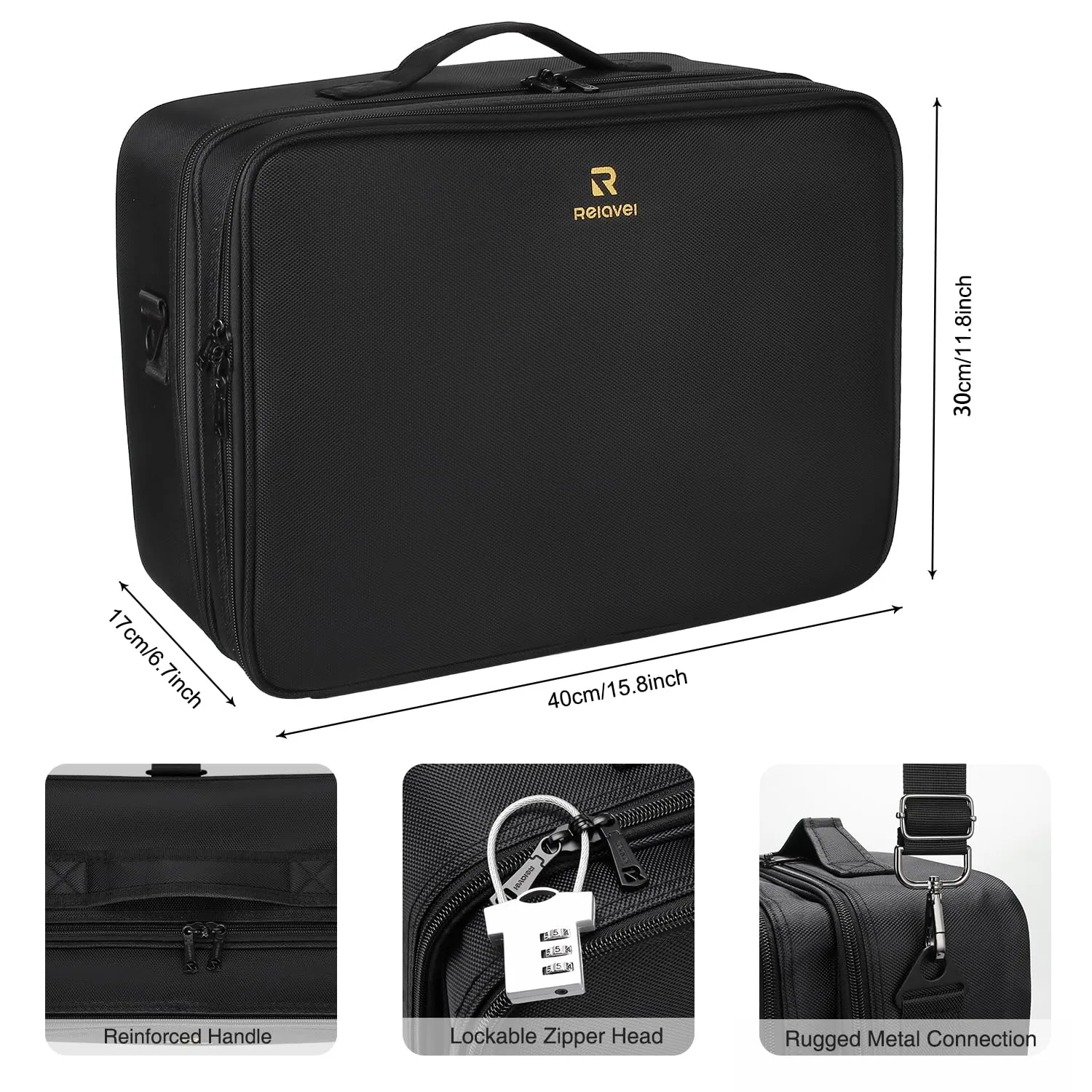 Relavel Makeup Case Extra Large Makeup Bag for Women Travel Makeup Artist Box Nail Polish Cosmetic Brush Storage Organizer with Adjustable Plastic Dividers Black
