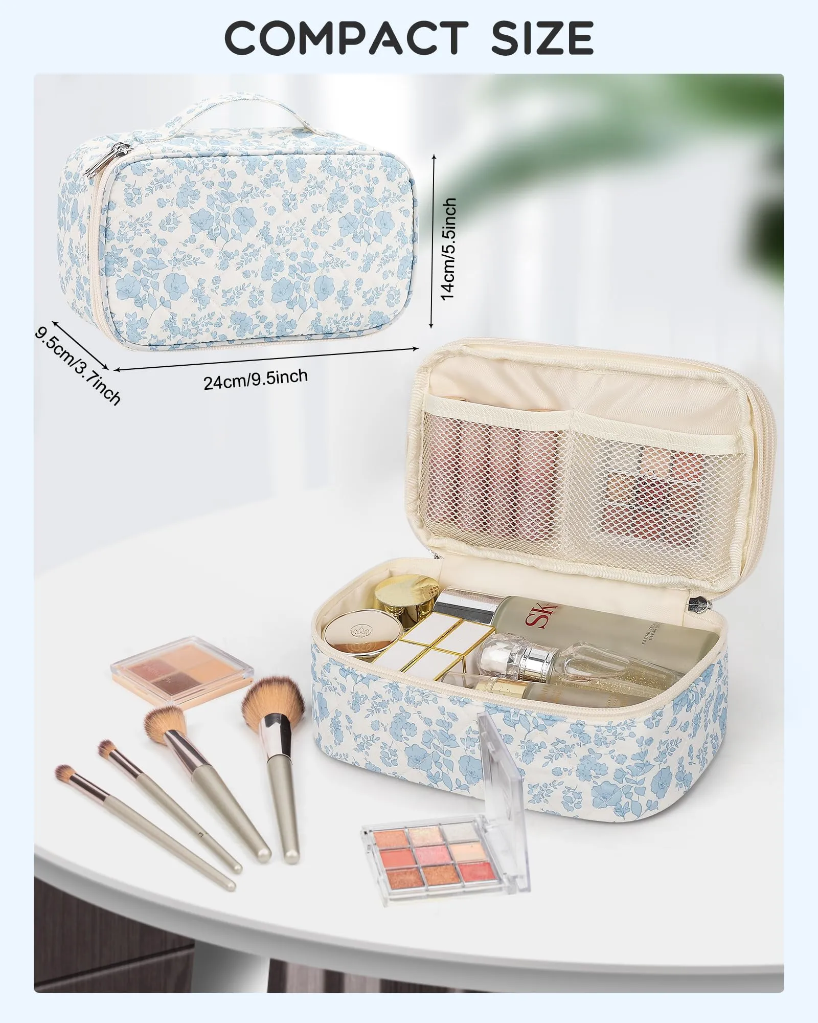 Relavel Travel Makeup Bag, Small Floral Cosmetic Bag with Makeup Brush Compartment, Portable Makeup Pouch for Women, Double Layer Makeup Organizer Bag Cute Toiletry Bag