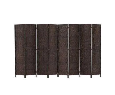 Room Divider 8 Panel Dividers Privacy Screen Rattan Wooden Stand Brown