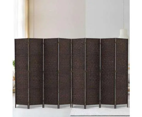 Room Divider 8 Panel Dividers Privacy Screen Rattan Wooden Stand Brown