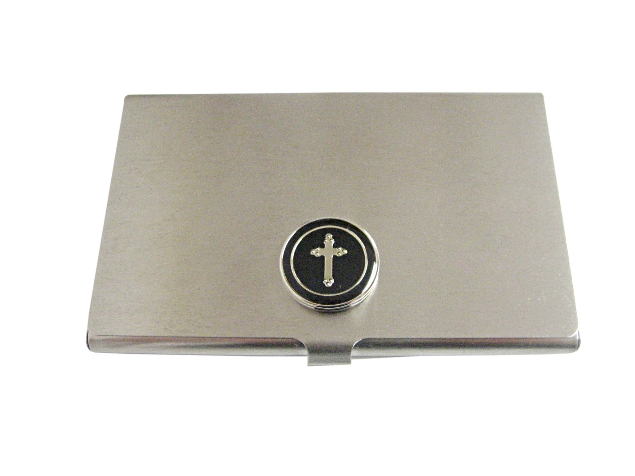 Round Black Religious Cross Business Card Holder