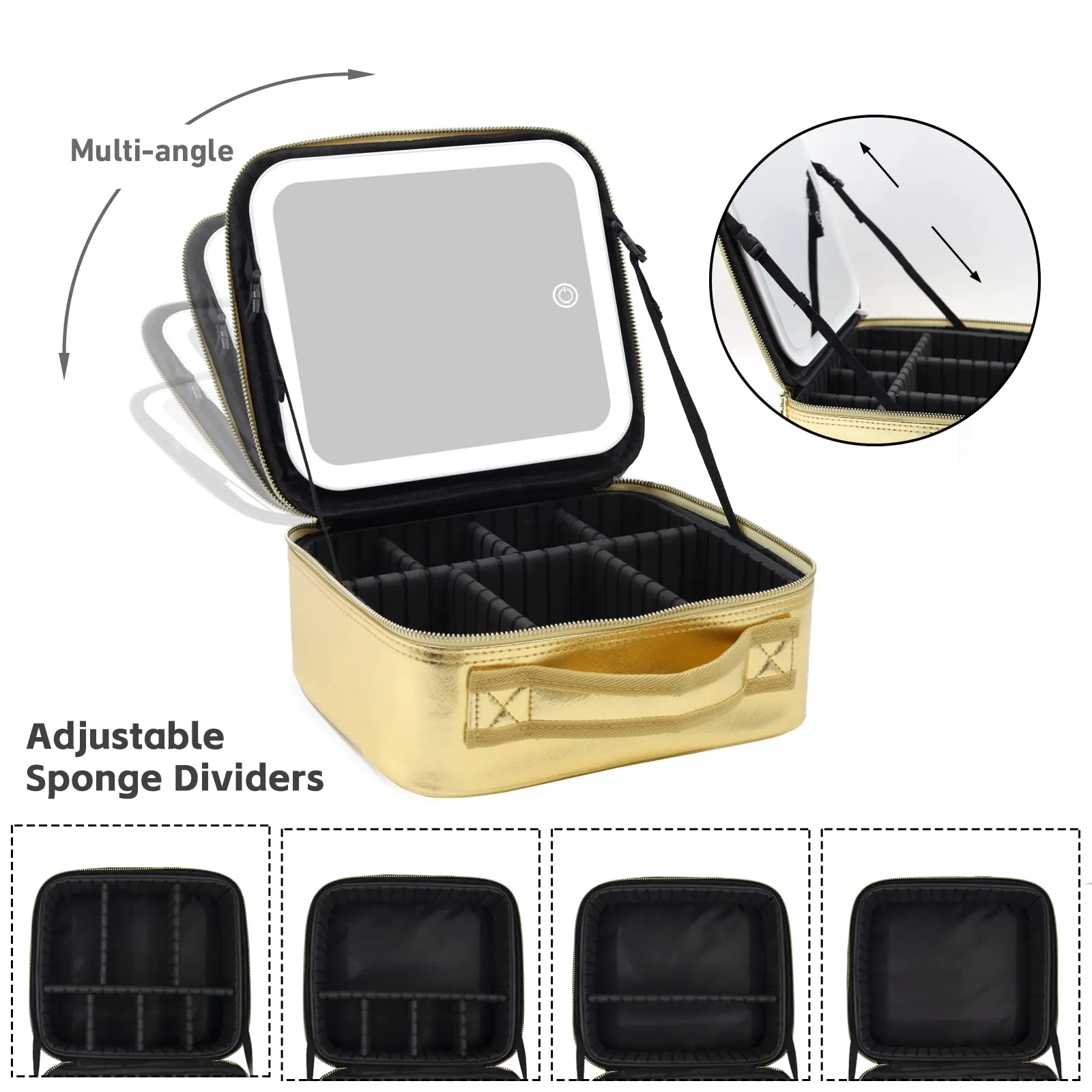 RRtide Makeup Case with Mirror and Lights, Travel Makeup Bag with Light up Mirror, Partitionable Cosmetic Bag with 3 Color Lights, Make up Organizer with Adjustable Dividers Large Brush Board