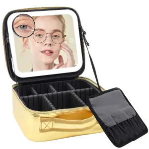 RRtide Makeup Case with Mirror and Lights, Travel Makeup Bag with Light up Mirror, Partitionable Cosmetic Bag with 3 Color Lights, Make up Organizer with Adjustable Dividers Large Brush Board