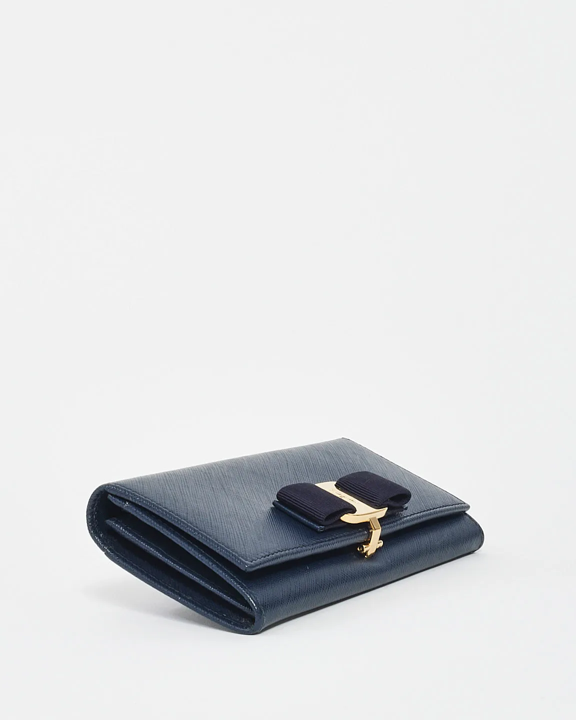 Salvatore Ferragamo Navy Blue Saffiano Leather Bow Wallet