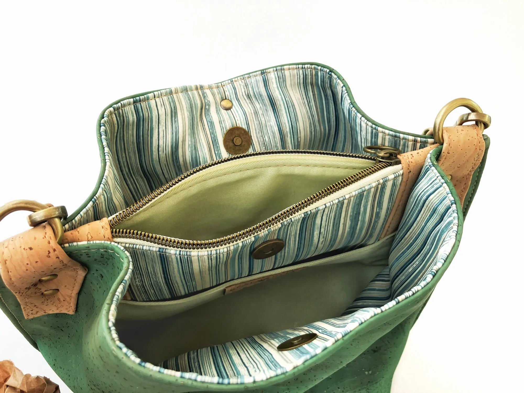 Seagrass Green Cork Shoulder Bag with Zippered Divider