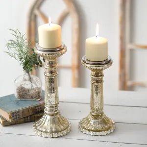 Set of 2 Rustic Mercury Glass Pillar Candle Holders