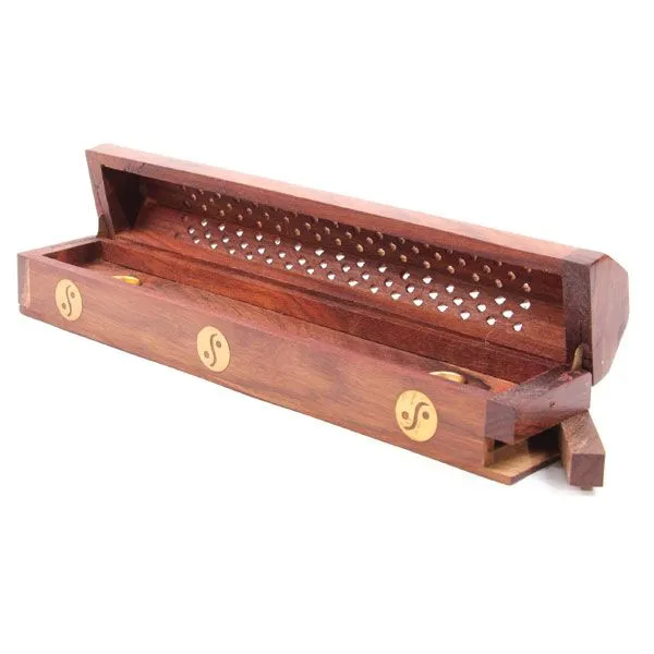 Sheesham Wood Ashcatcher Incense Sticks & Cones Burner Box Box Yin Yang Inlay