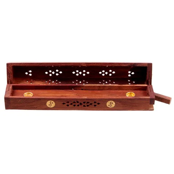 Sheesham Wood Ashcatcher Incense Sticks & Cones Burner Box with Brass Inlay, Ying Yang