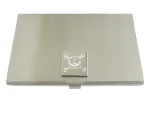 Silver Toned Etched Angry Skull and Crossbones Business Card Holder