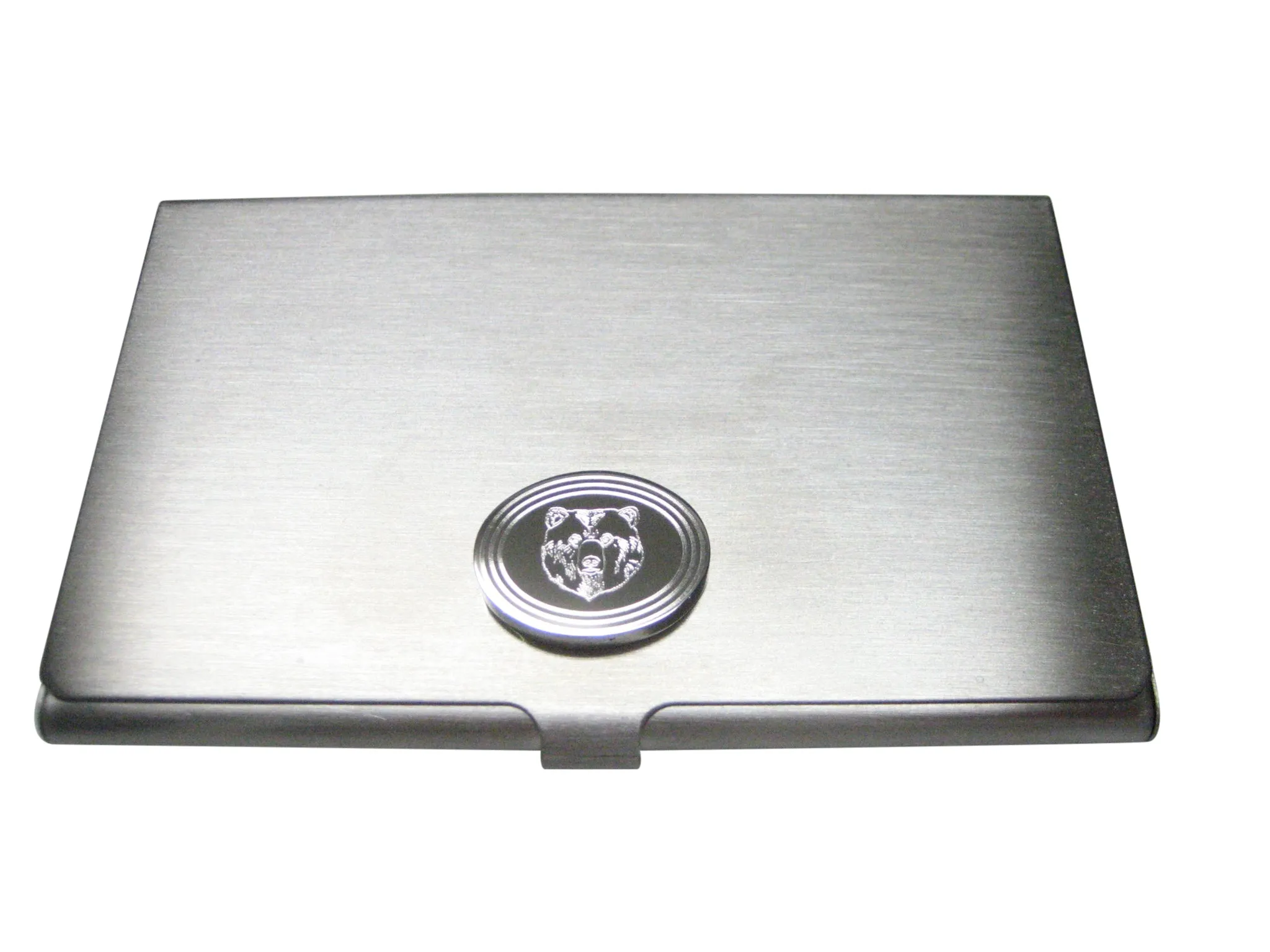 Silver Toned Etched Oval Bear Head Business Card Holder