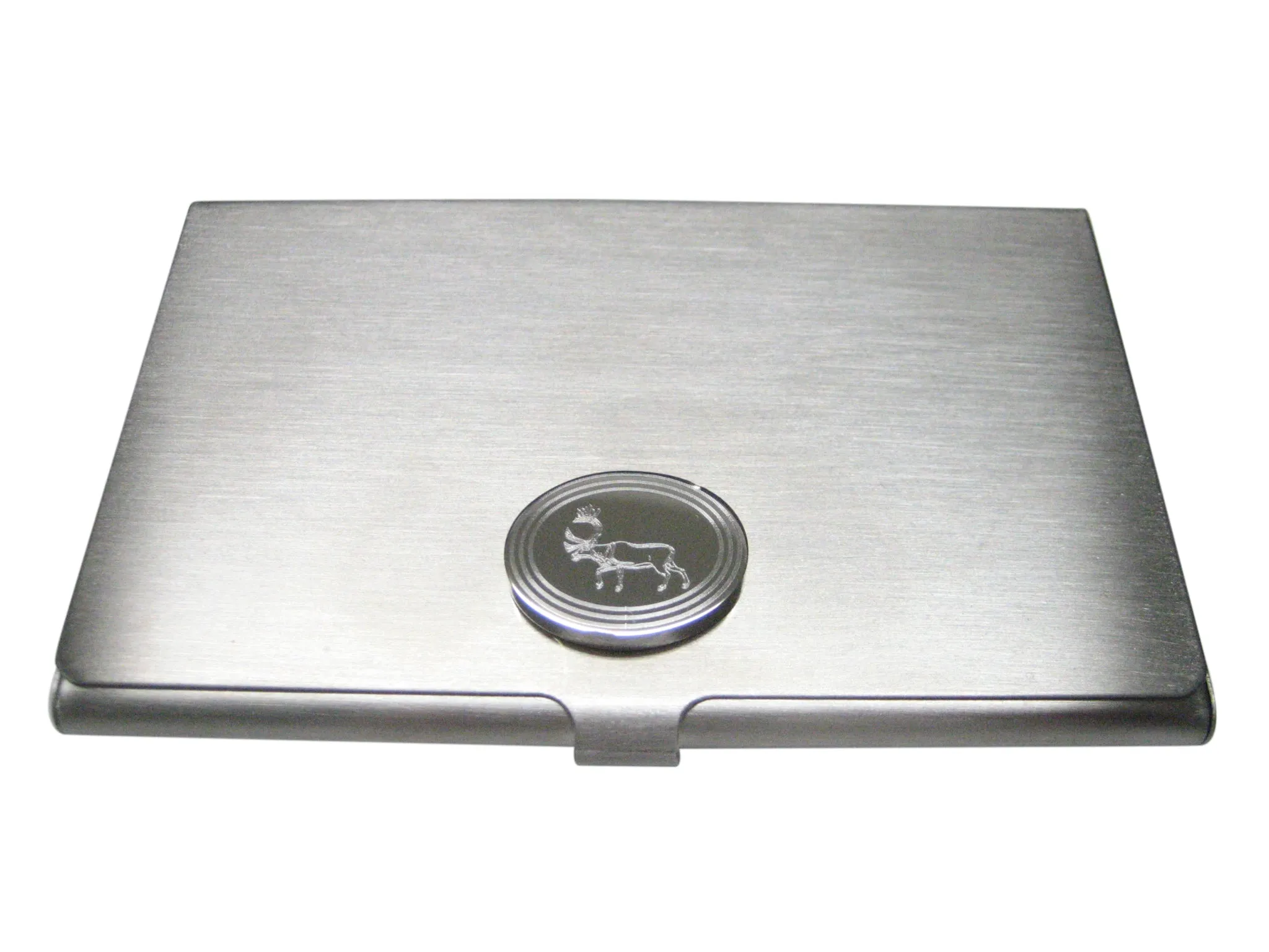 Silver Toned Etched Oval Left Facing Moose Business Card Holder