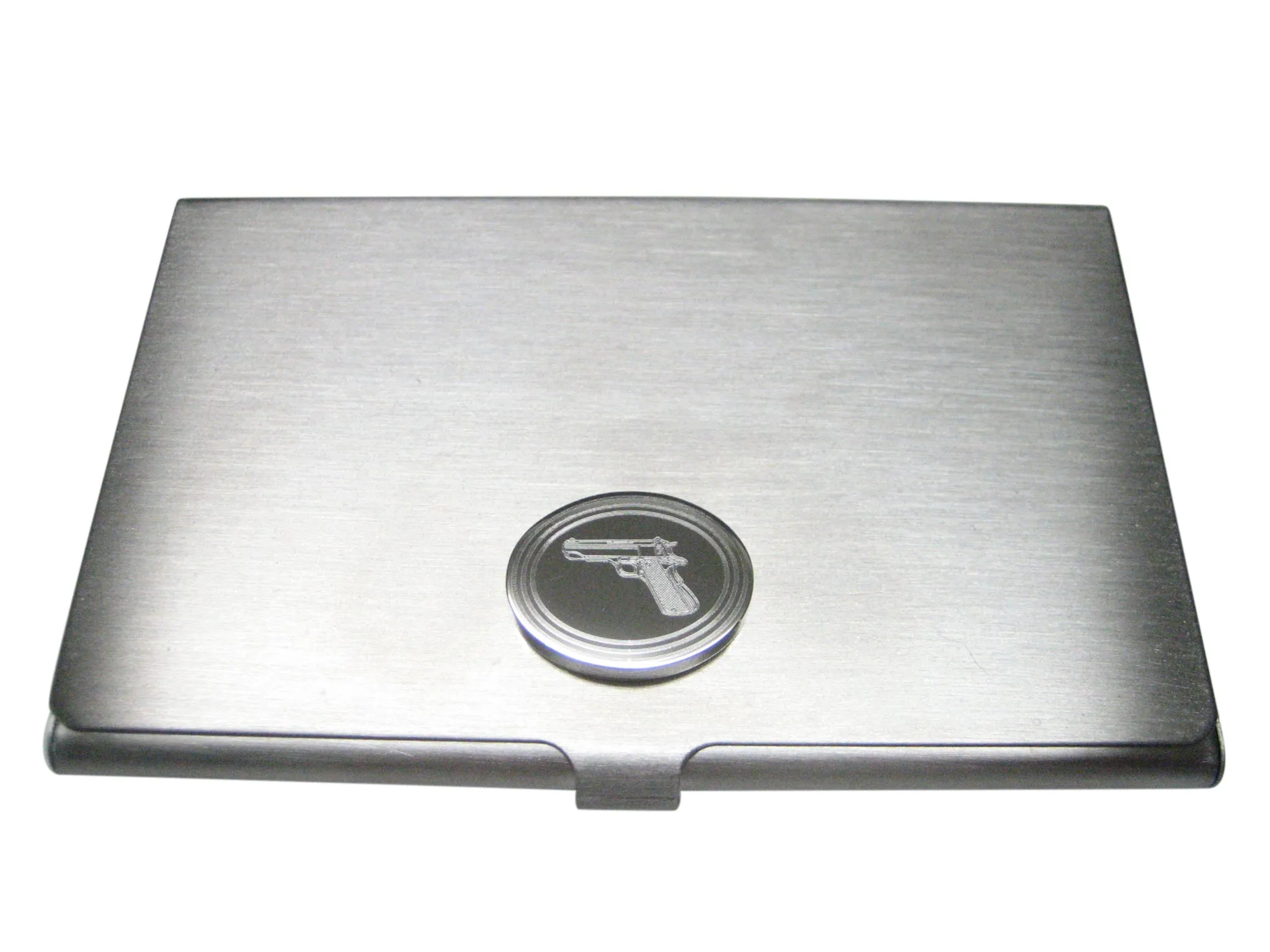 Silver Toned Etched Oval Modern Handgun Business Card Holder