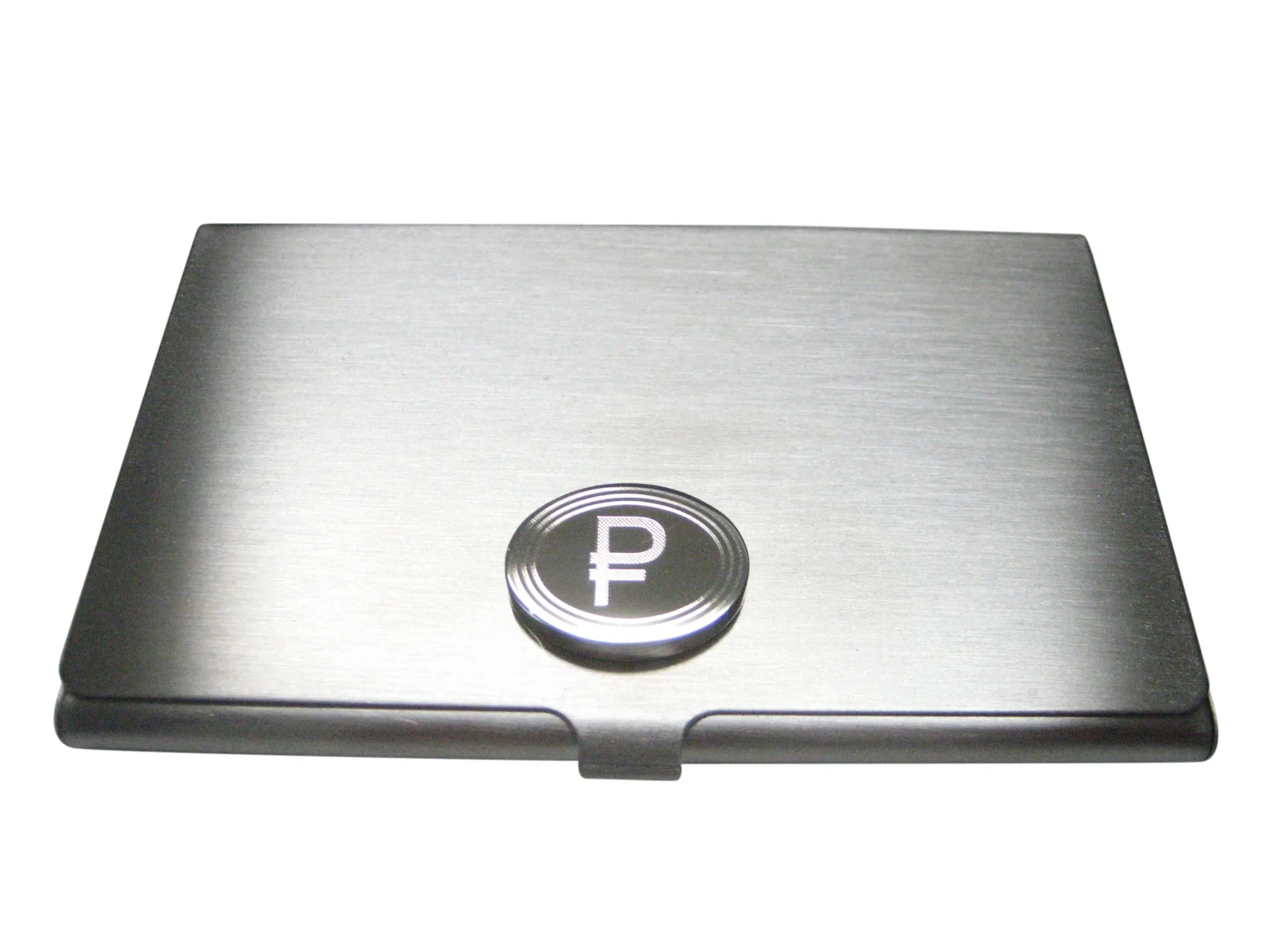 Silver Toned Etched Oval Russian Ruble Currency Sign Pendant Business Card Holder