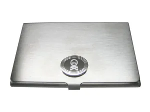 Silver Toned Etched Oval Shy Skull with Crossbones Business Card Holder