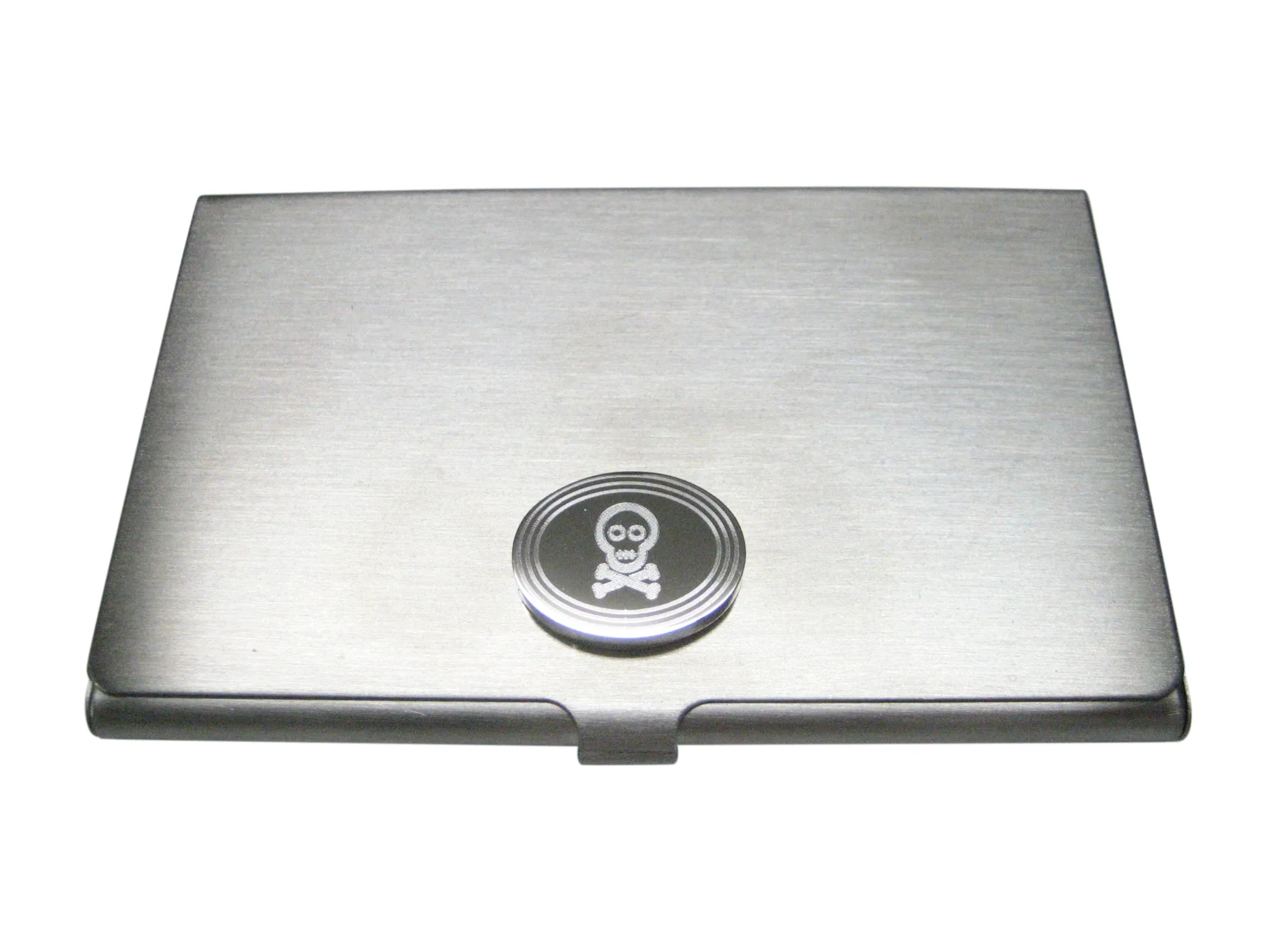 Silver Toned Etched Oval Shy Skull with Crossbones Business Card Holder
