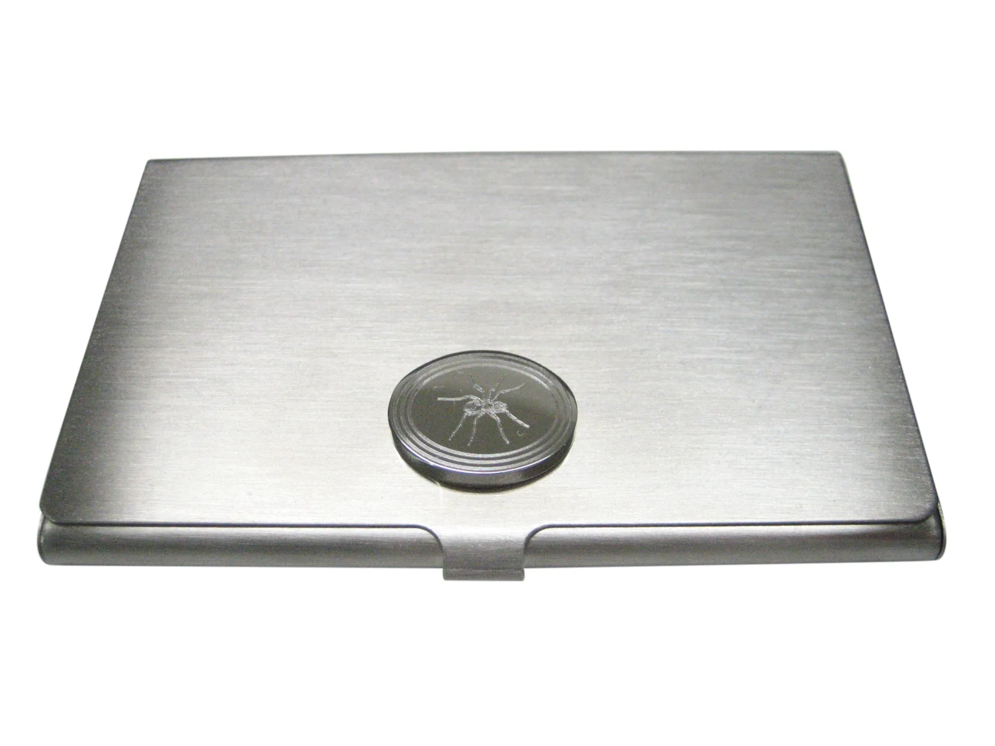 Silver Toned Etched Oval Side Facing Spider Business Card Holder