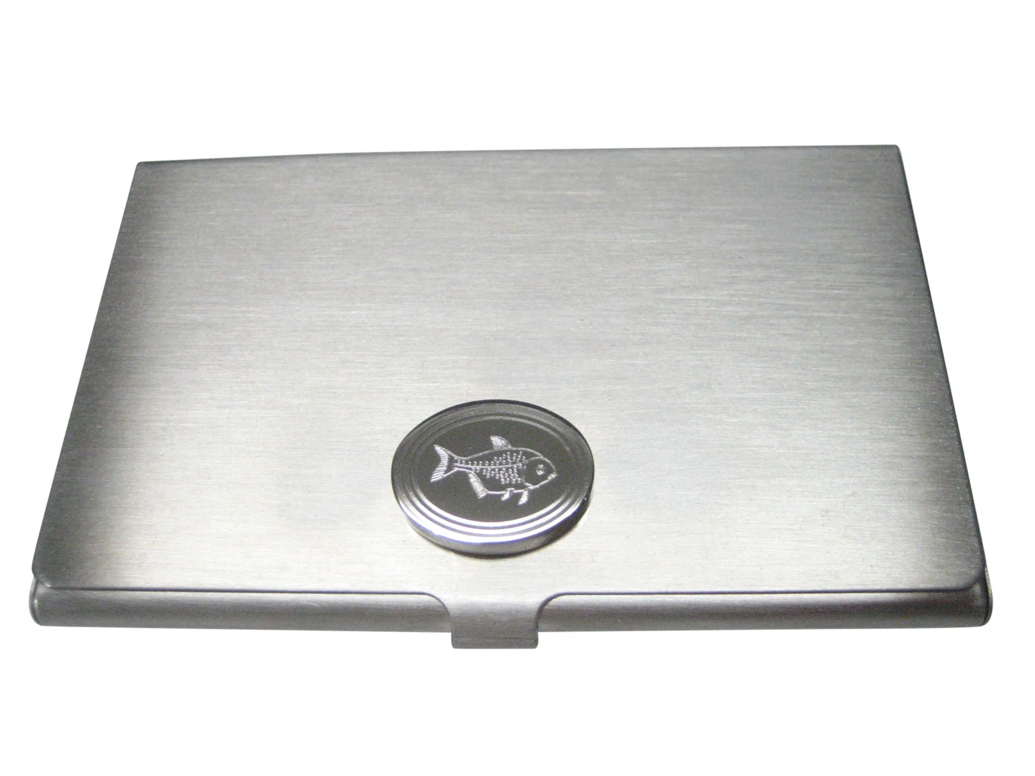 Silver Toned Oval Etched Piranha Pirana Fish Business Card Holder