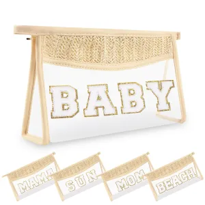 Small Boho Straw Clear Baby Makeup Bags for Women&Girls, Zipper Cosmetic Bag Chenille Varsity Letter Patch Bag, Preppy Cute Toiletry Pouch, Trendy Organizer Storage Bag for Beach Travel Essentials