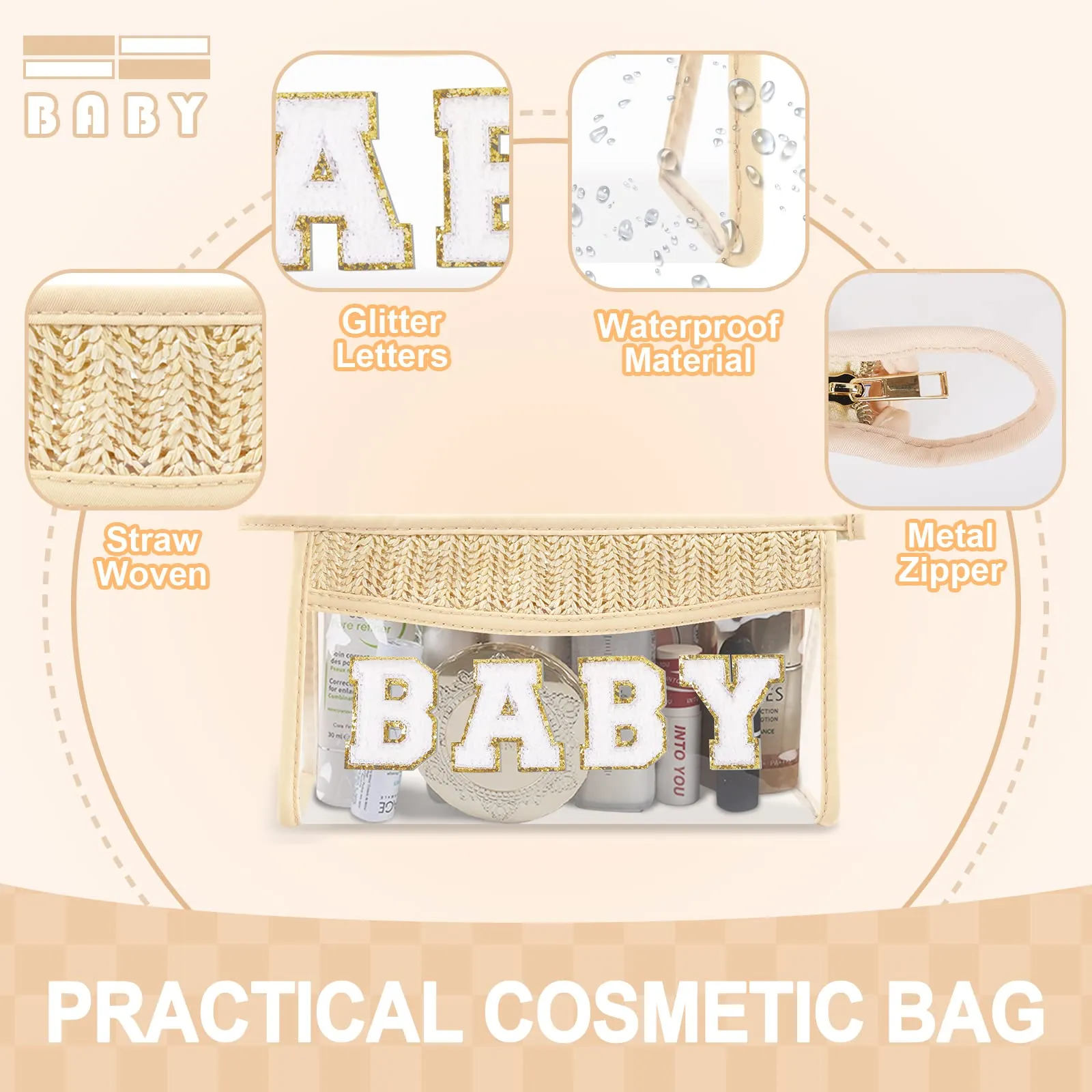 Small Boho Straw Clear Baby Makeup Bags for Women&Girls, Zipper Cosmetic Bag Chenille Varsity Letter Patch Bag, Preppy Cute Toiletry Pouch, Trendy Organizer Storage Bag for Beach Travel Essentials