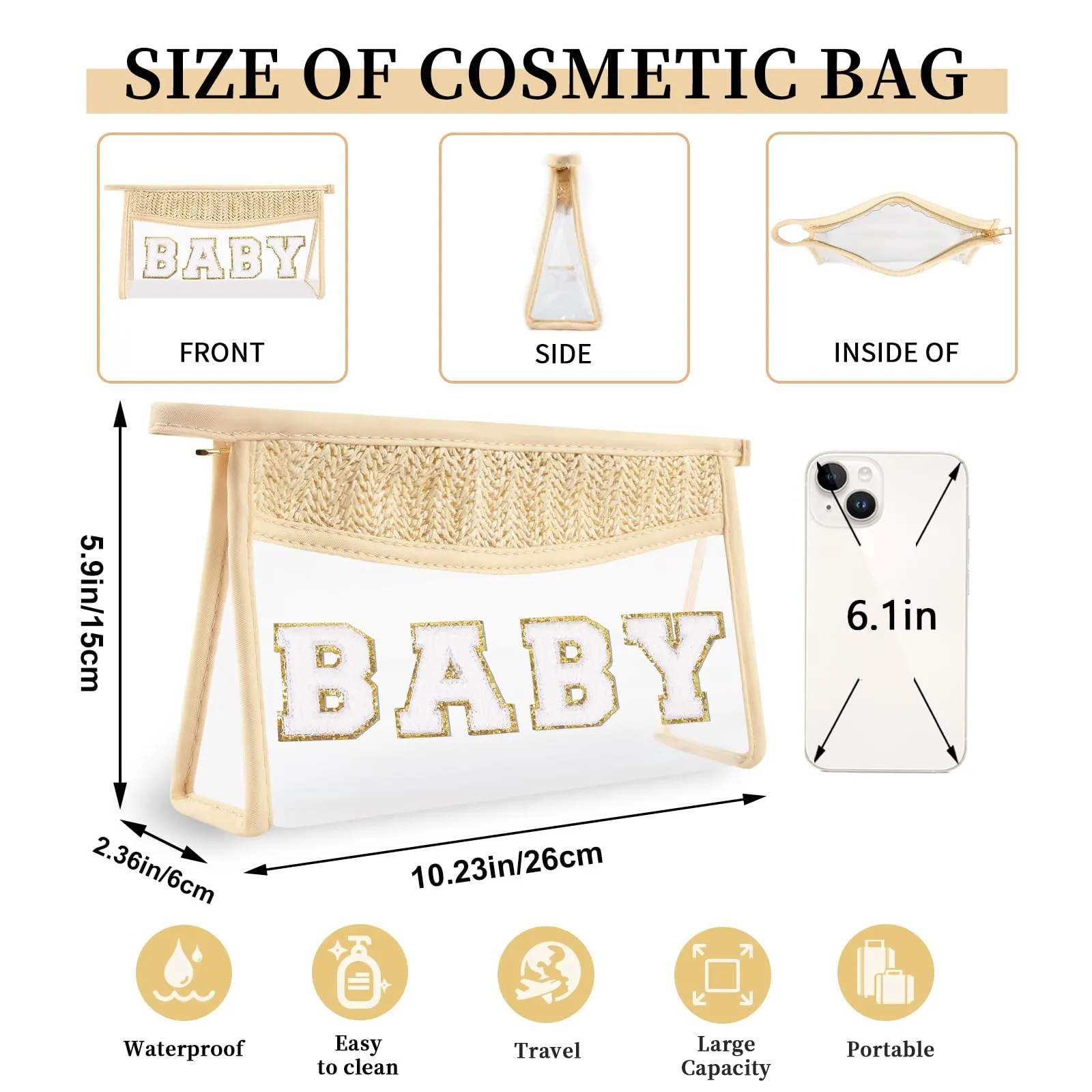 Small Boho Straw Clear Baby Makeup Bags for Women&Girls, Zipper Cosmetic Bag Chenille Varsity Letter Patch Bag, Preppy Cute Toiletry Pouch, Trendy Organizer Storage Bag for Beach Travel Essentials