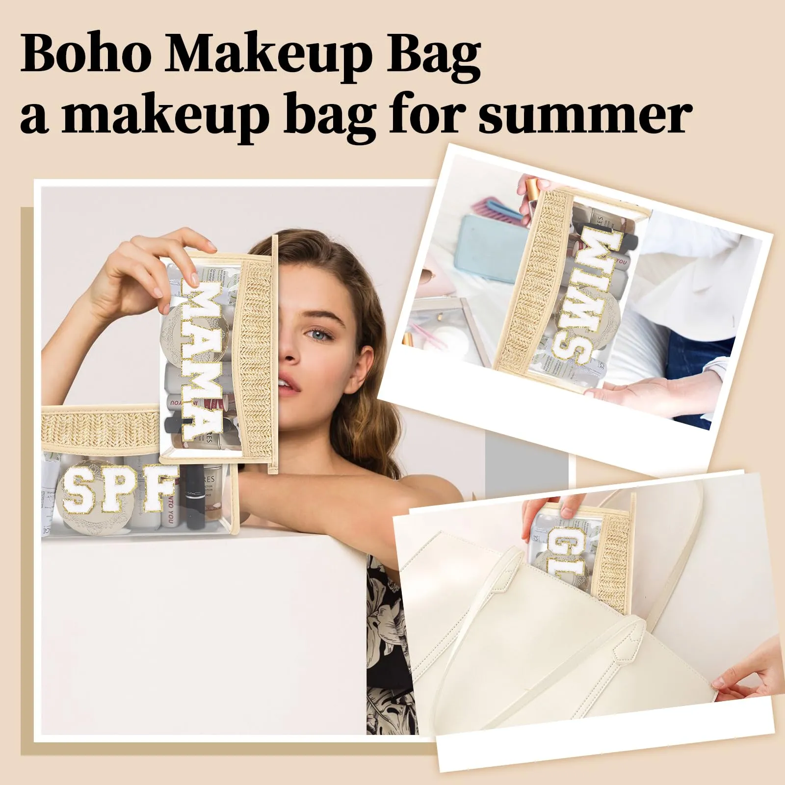 Small Boho Straw Clear Baby Makeup Bags for Women&Girls, Zipper Cosmetic Bag Chenille Varsity Letter Patch Bag, Preppy Cute Toiletry Pouch, Trendy Organizer Storage Bag for Beach Travel Essentials