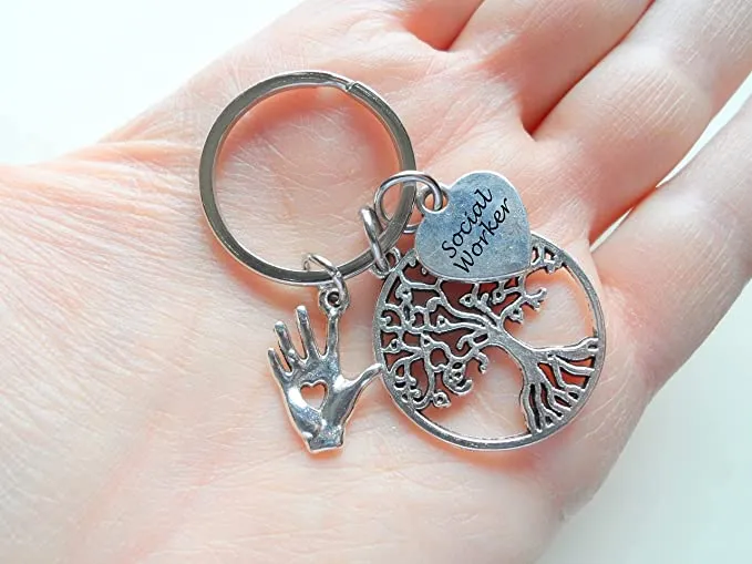 Social Worker Gift Keychain with Tree and Hand Charm, Community Advocate Gift, Thank you Gift
