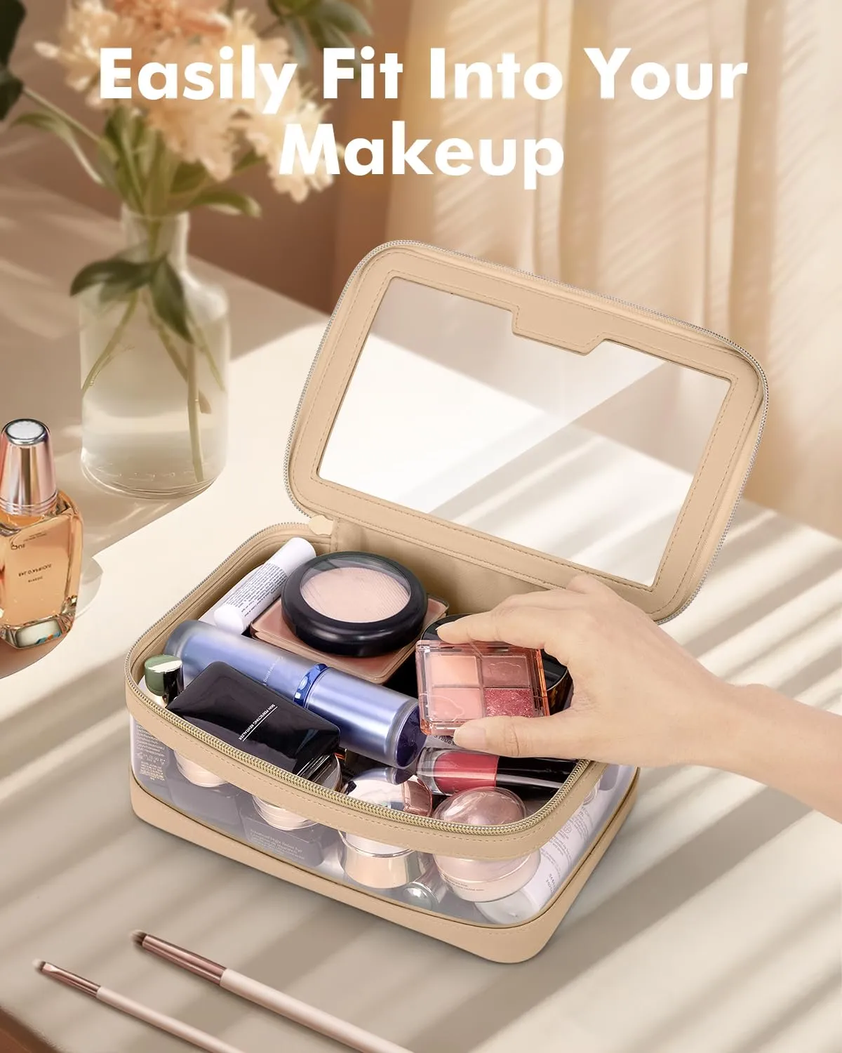 Soimeat Travel Clear Makeup Bag with Makeup Brush Bag, Leather Makeup Case Toiletry Bag, Portable Cosmetic Bag Case, Transparent Waterproof Cosmetic Organizer Storage Bag for Women, Khaki