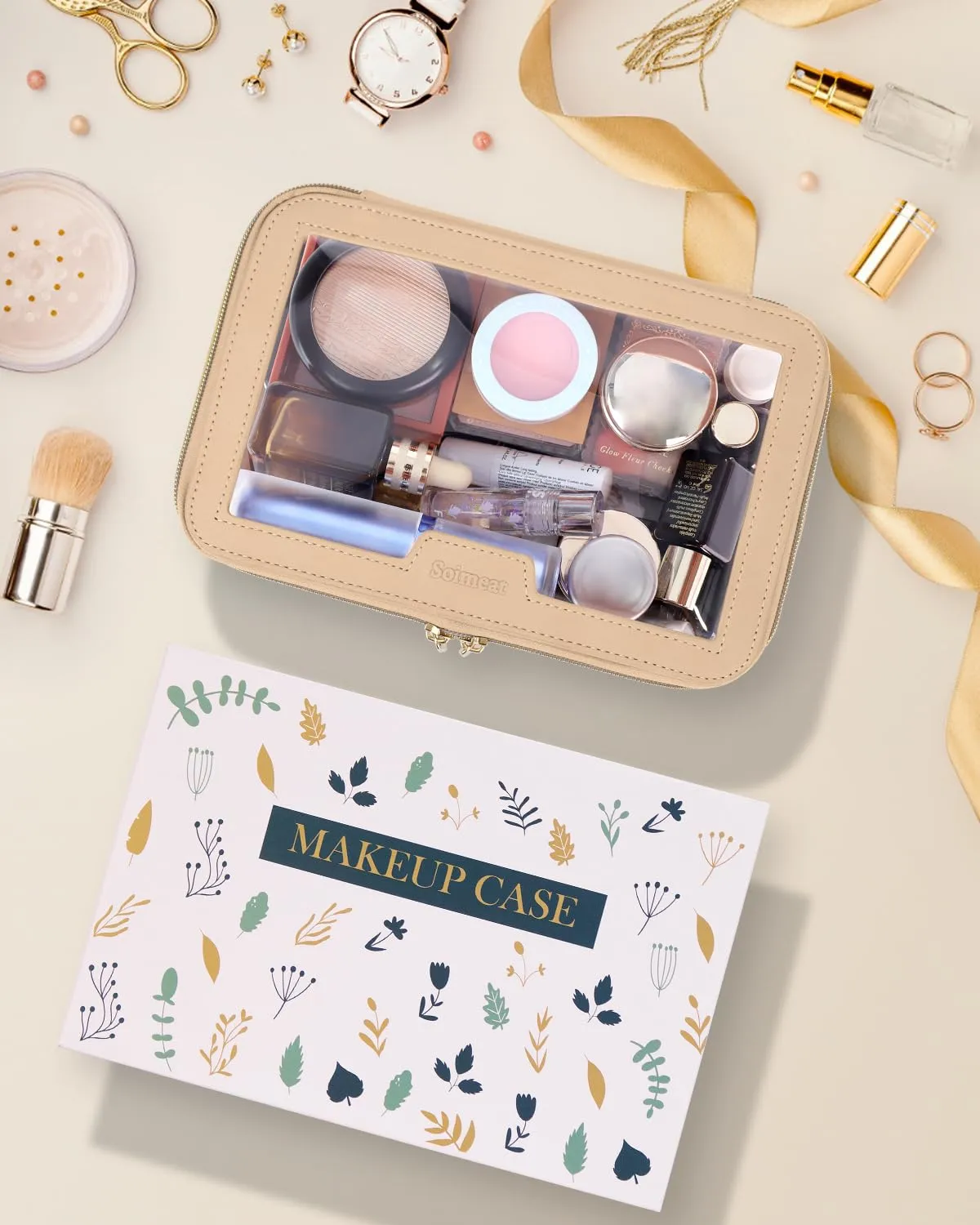 Soimeat Travel Clear Makeup Bag with Makeup Brush Bag, Leather Makeup Case Toiletry Bag, Portable Cosmetic Bag Case, Transparent Waterproof Cosmetic Organizer Storage Bag for Women, Khaki