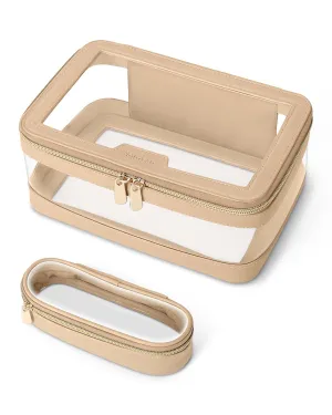 Soimeat Travel Clear Makeup Bag with Makeup Brush Bag, Leather Makeup Case Toiletry Bag, Portable Cosmetic Bag Case, Transparent Waterproof Cosmetic Organizer Storage Bag for Women, Khaki
