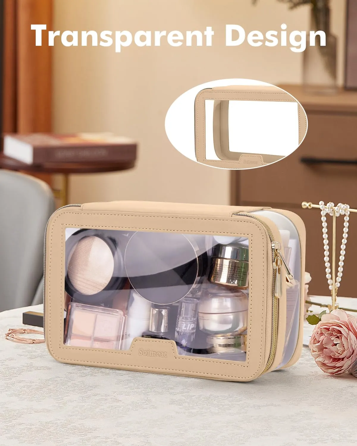 Soimeat Travel Clear Makeup Bag with Makeup Brush Bag, Leather Makeup Case Toiletry Bag, Portable Cosmetic Bag Case, Transparent Waterproof Cosmetic Organizer Storage Bag for Women, Khaki