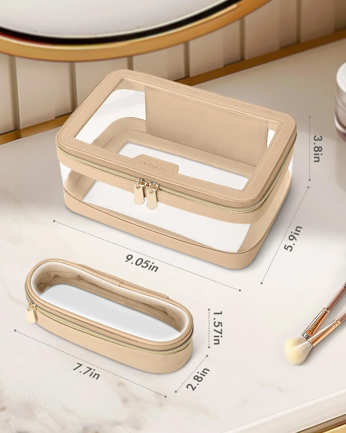 Soimeat Travel Clear Makeup Bag with Makeup Brush Bag, Leather Makeup Case Toiletry Bag, Portable Cosmetic Bag Case, Transparent Waterproof Cosmetic Organizer Storage Bag for Women, Khaki