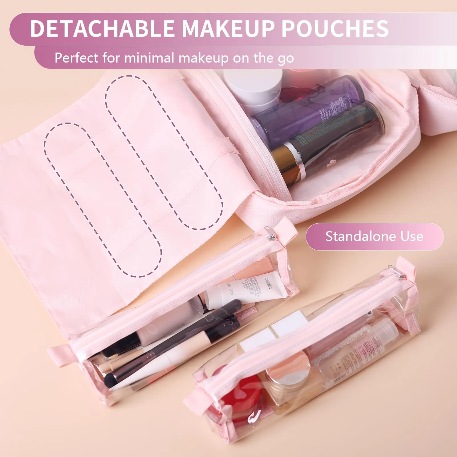 Solenna Pink Travel Toiletry Bag for Women Girls, Large Waterproof Leather Makeup Cosmetic Bag with 2 Removable Clear Bags, Portable Hanging Make Up Bag Bathroom Shower Toiletries Travel Organizer