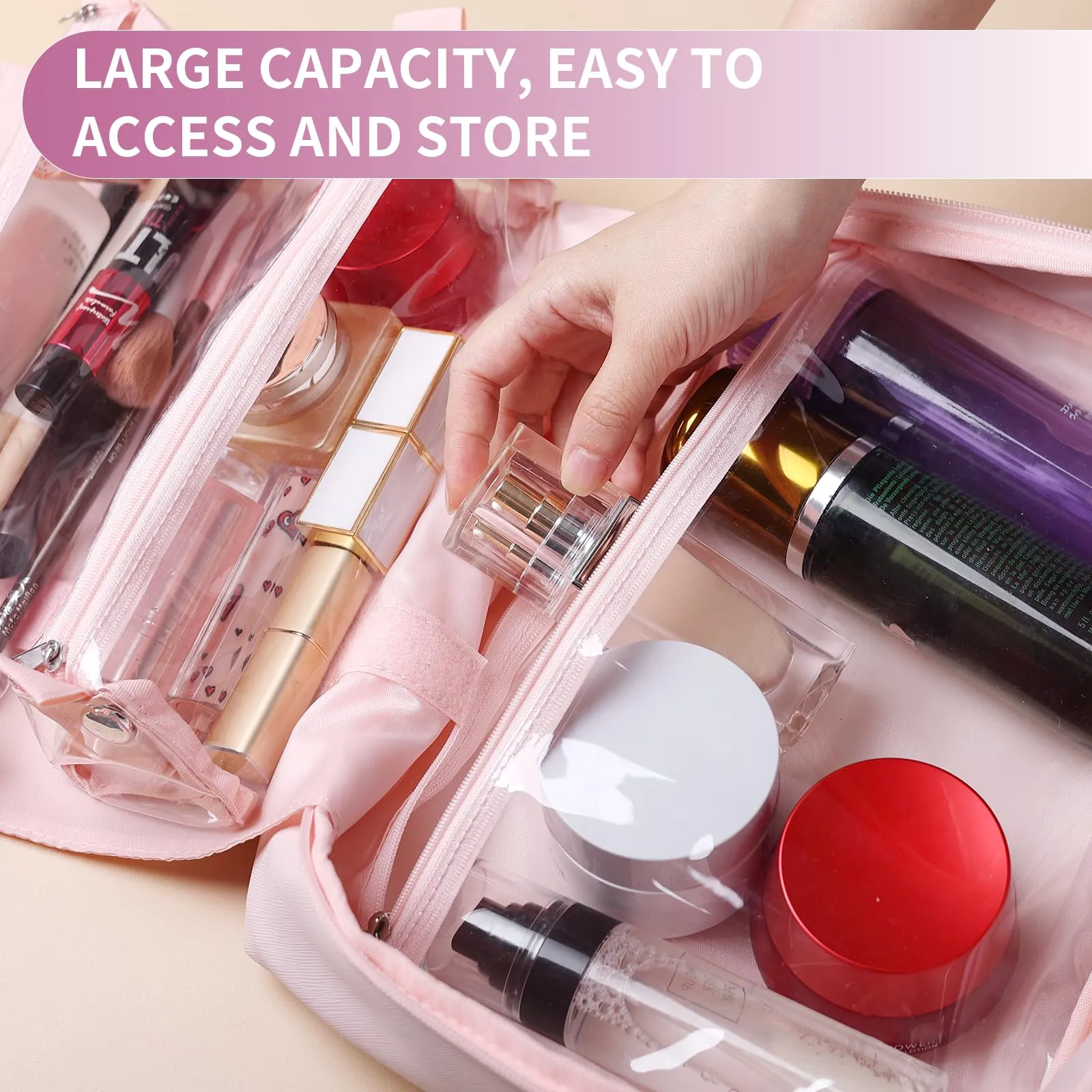 Solenna Pink Travel Toiletry Bag for Women Girls, Large Waterproof Leather Makeup Cosmetic Bag with 2 Removable Clear Bags, Portable Hanging Make Up Bag Bathroom Shower Toiletries Travel Organizer
