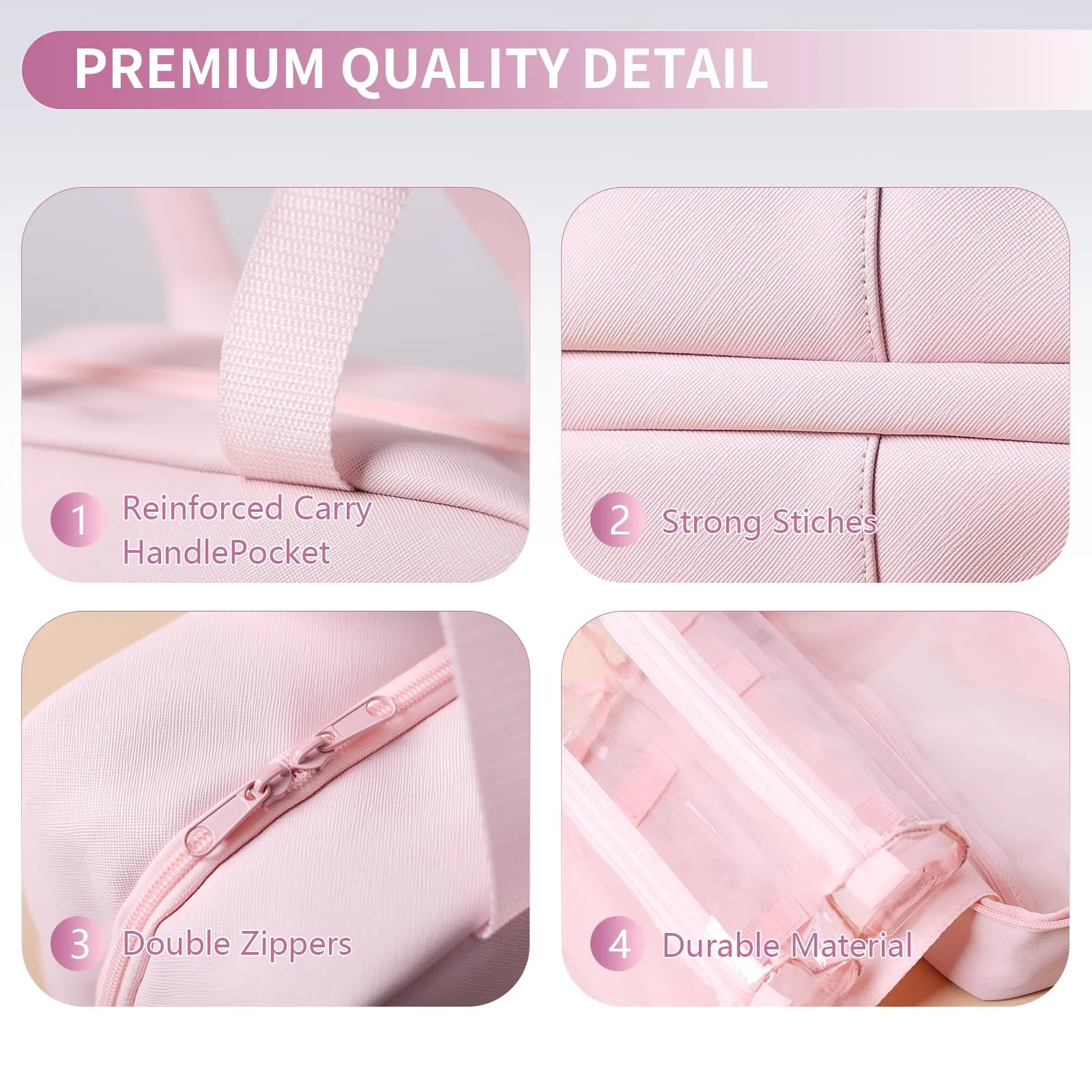 Solenna Pink Travel Toiletry Bag for Women Girls, Large Waterproof Leather Makeup Cosmetic Bag with 2 Removable Clear Bags, Portable Hanging Make Up Bag Bathroom Shower Toiletries Travel Organizer