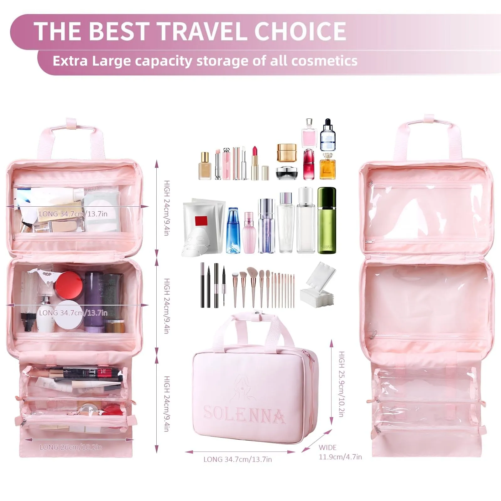 Solenna Pink Travel Toiletry Bag for Women Girls, Large Waterproof Leather Makeup Cosmetic Bag with 2 Removable Clear Bags, Portable Hanging Make Up Bag Bathroom Shower Toiletries Travel Organizer