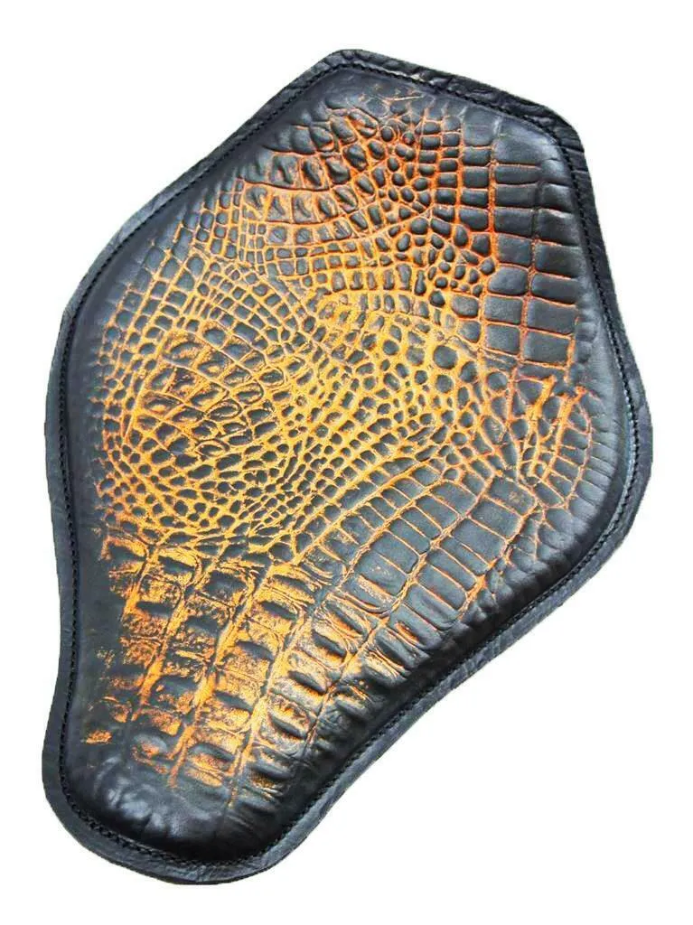 Spring Seat Chopper Bobber Harley Sportster 10x13 AntBrn Gator Snub Nose Leather