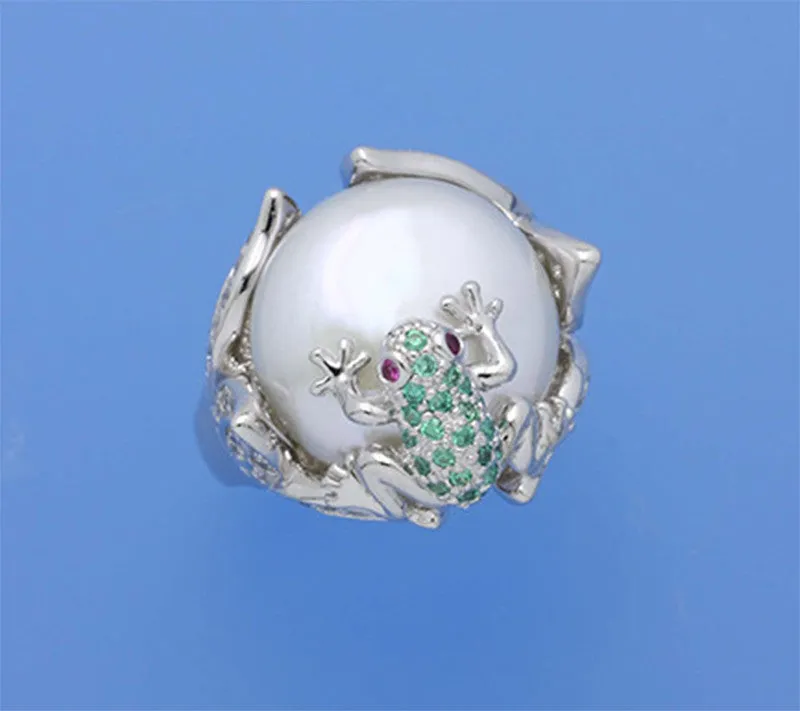 Sterling Silver Ring with 16-16.5mm Coin Shape Freshwater Pearl, Cubic Zirconia and Red Corundum